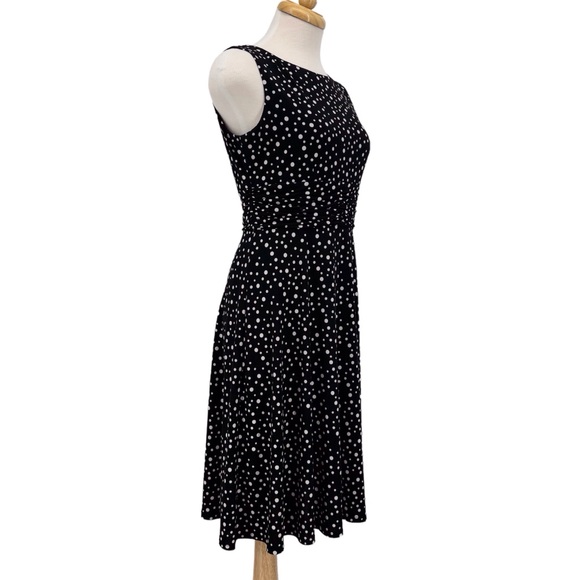 Petite Black with White Polka Dots Sleeveless Ruched Waist Dress, Small - Picture 10 of 16